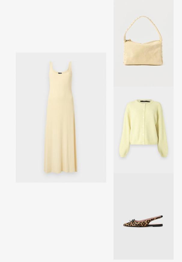 Gele, zachte cardigan met een ronde hals, lange mouwen en een knoopsluiting aan de voorkant met vijf ronde witte knopen.; Mouwloze lichtgele maxi-jurk met ronde halslijn, aangesloten lijfje en vloeiende rok op een effen achtergrond.; Pretty Ballerinas MURABI - Slingback ballerina´s - brown; Kleine beige leren handtas met een enkele band en zilveren studs langs de randen en band, tegen een effen achtergrond.