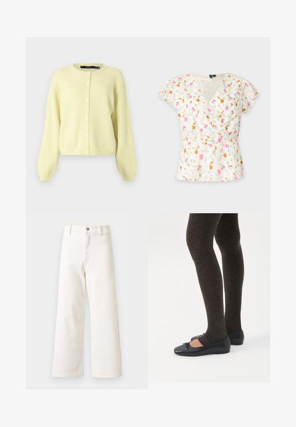 Cardigan jaune et duveteux avec un col rond, des manches longues et une fermeture à boutons sur le devant avec cinq boutons ronds blancs.; Blouse blanche à manches courtes portefeuille avec imprimé floral rose, orange et bleu et col en V sur fond clair uni.; Pantalon en denim blanc à taille haute et jambes larges, fermeture devant par bouton et zip, passants pour ceinture, sans poches visibles.; Jambes portant des leggings côtelés foncés associés à des ballerines noires avec de petits détails en nœud sur fond blanc.