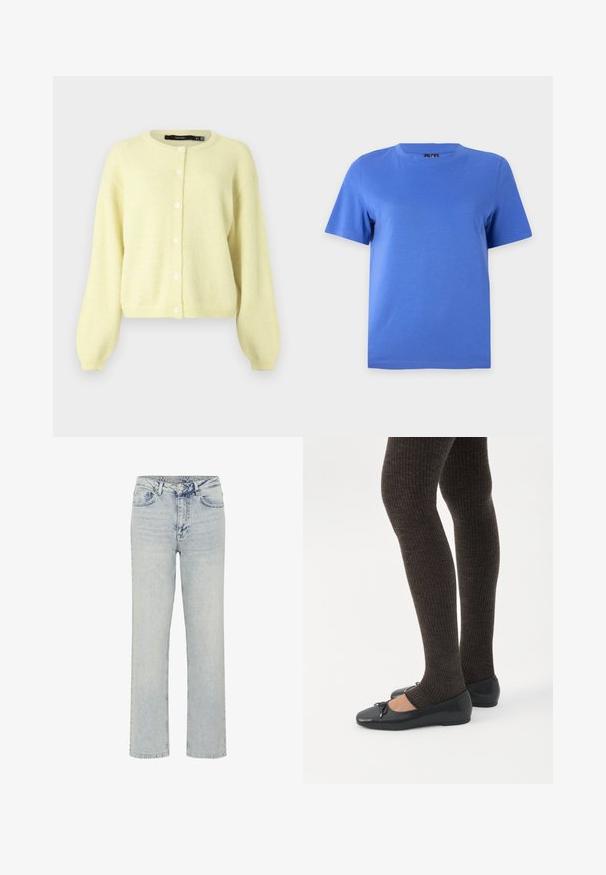 Cárdigan amarillo y esponjoso con escote redondo, mangas largas y cierre delantero con cinco botones blancos redondos.; Camiseta de manga corta y cuello redondo de color azul sólido, mostrada sobre un fondo liso color gris claro.; My Essential Wardrobe WIDE 05 THE LOUIS 139 - Vaqueros boyfriend - light blue dirty wash; Piernas con leggings oscuros acanalados combinados con bailarinas negras que presentan pequeños detalles de lazo sobre un fondo blanco.