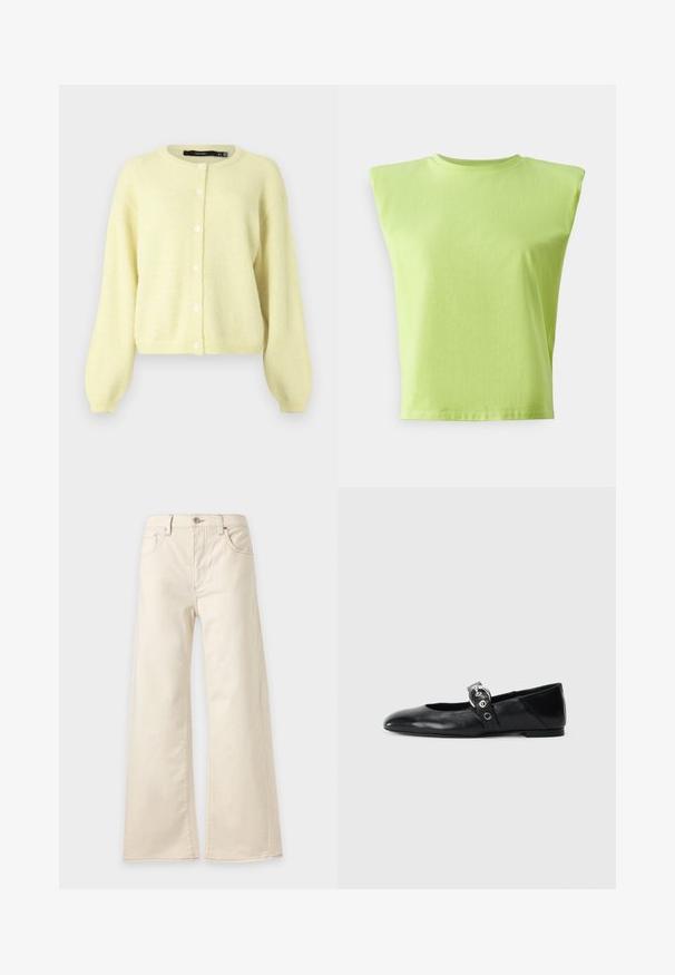 Cardigan jaune et duveteux avec un col rond, des manches longues et une fermeture à boutons sur le devant avec cinq boutons ronds blancs.; Haut sans manches vert lime avec des épaules structurées, col rond et texture douce. Coupé dans une silhouette ample et courte.; Pantalon taille haute, jambes larges, couleur blanc cassé, avec bouton et fermeture éclair à l’avant, passants pour ceinture, poches avant et arrière.; Ballerines en cuir noir avec un bout pointu, dotées d'une sangle avec une boucle métallique circulaire et d'une semelle plate.