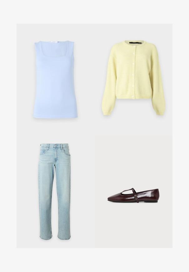 Cárdigan amarillo y esponjoso con escote redondo, mangas largas y cierre delantero con cinco botones blancos redondos.; Top sin mangas de color azul claro con un escote cuadrado, hecho de una tela suave, que presenta un diseño ajustado y una silueta minimalista.; Vaqueros de pierna recta en azul claro con bolsillos delanteros y una cinturilla con botones sobre un fondo blanco liso.; Zapato plano de cuero burdeos oscuro con punta puntiaguda y una fina tira en forma de T con hebilla plateada sobre un fondo blanco.