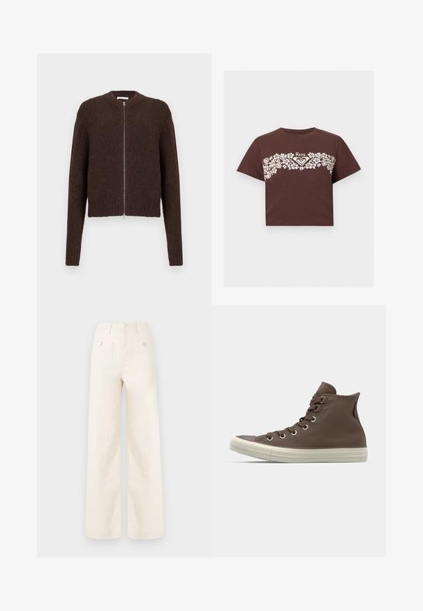 Mørkebrun fuzzy strikjakke med lynlås, lange ærmer og ribbede manchetter og kant, vist på en ensfarvet lys baggrund.; Brun crop T-shirt med hvidt blomstermønster hen over brystet og "Roxy" logo i midten.; Bredde bukser i elfenbenfarvet bomuld. Har høj talje, to baglommer med metalknapper og en ren, glat tekstur.; Brune højtop sneakers med en glat læderoverdel, kontrasterende hvid gummisål, sølvøjer og design med rund tåforkant.