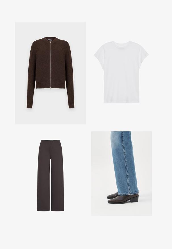 Mørkebrun fuzzy strikjakke med lynlås, lange ærmer og ribbede manchetter og kant, vist på en ensfarvet lys baggrund.; Hvid kortærmet t-shirt med rund hals, afslappet pasform, lavet af blødt bomuldsstof. Glat tekstur, ingen mønstre eller logoer.; ICHI IHKATE WIDE PA2 - Bukser - chocolate torte; Brune læderankelstøvler med spids tå og blokhæl, parret med lysblå lige ben jeans, der fremviser et rent og enkelt design.