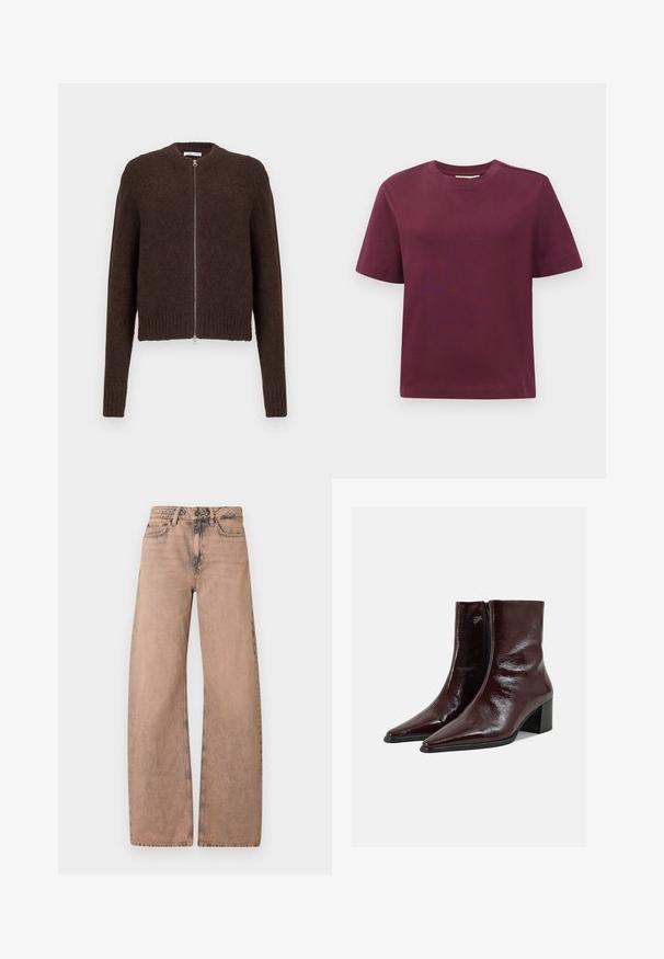 Cardigan de punto fuzzy en marrón oscuro con cremallera, de manga larga y puños y bajo acanalados, exhibido sobre un fondo claro y liso.; Camiseta de manga corta y cuello redondo en rojo oscuro sólido, exhibida sobre un fondo blanco.; Jeans de pernera ancha color marrón claro, hechos de denim, con una cinturilla clásica, diseño de cinco bolsillos y textura deslavada.; Botines de cuero marrón oscuro brillantes con punteras puntiagudas, cierre lateral y tacones de bloque sobre un fondo liso gris claro.