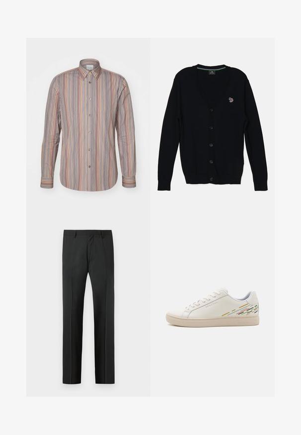 PS Paul Smith MENS CARDIGAN BUTTON THRU - Cardigan - black; Stribet skjorte med knap i forskellige farver. Lange ærmer, klassisk krave og en glat tekstur.; Sorte skræddersyede bukser med bæltestropper og en forreste presning, vist mod en lys grå baggrund.; Hvide lædersneakers med en glat overflade, der har farverige linjemønstre på hælen og en beige gummisål.
