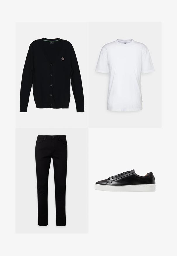 PS Paul Smith MENS CARDIGAN BUTTON THRU - Vest - black; Witte katoenen t-shirt met een ronde hals, korte mouwen en een rechte zoom. Heeft een klein merktag aan de linkerkant van de zijnaad.; Zwarte slim-fit jeans met knoop- en ritssluiting, voor- en achterzakken, weergegeven op een effen lichte achtergrond.; Zwarte leren sneaker met een gladde afwerking, voorzien van een witte rubberen zool, vetersluiting en minimalistische designaccenten.