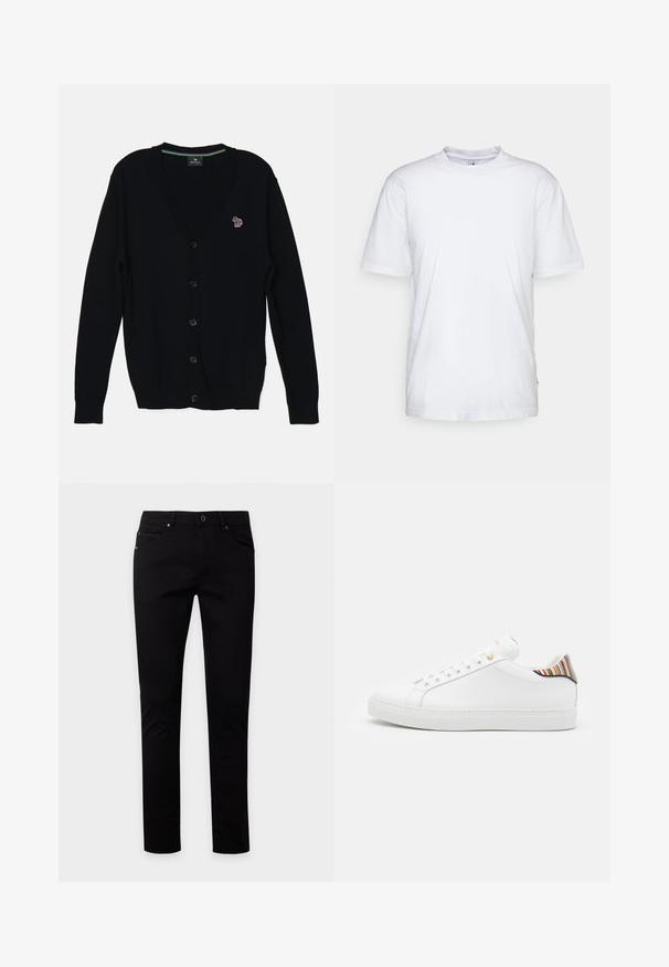 PS Paul Smith MENS CARDIGAN BUTTON THRU - Vest - black; Witte katoenen t-shirt met een ronde hals, korte mouwen en een rechte zoom. Heeft een klein merktag aan de linkerkant van de zijnaad.; Zwarte slim-fit jeans met knoop- en ritssluiting, voor- en achterzakken, weergegeven op een effen lichte achtergrond.; Witte leren sneaker met een gladde afwerking, voorzien van een kleurrijke gestreepte accent op de hiel, gouden oogjes en een vlakke witte zool.