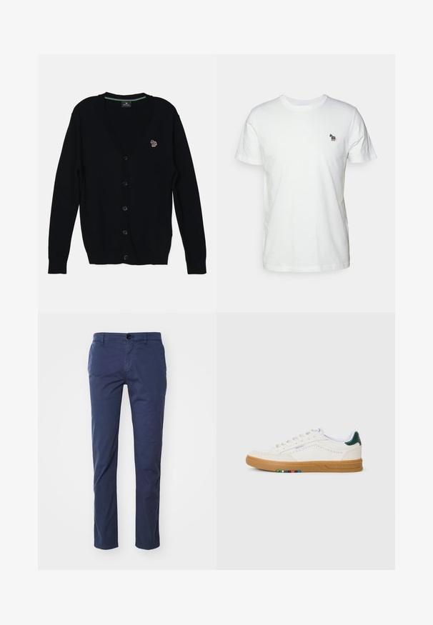 PS Paul Smith MENS CARDIGAN BUTTON THRU - Cardigan - black; Hvid bomulds t-shirt med klasik rund hals og korte ærmer. Har et lille, flerfarvet broderet hestelogo på brystet.; Mørkeblå bomulds chinos med lige bendesign, der har en enkelt knaplukning foran og sidelommer. Glat tekstur, klassisk pasform.; Hvide lædersneakers med perfereret design, gummisul, grøn hælaccent og farverig stribe detalje på siden.