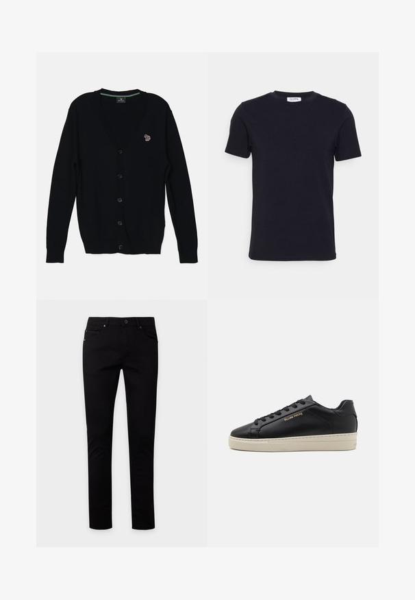 PS Paul Smith MENS CARDIGAN BUTTON THRU - Chaqueta de punto - black; Camiseta negra de manga corta con cuello redondo, con una pequeña etiqueta blanca en el interior del cuello.; Vaqueros negros de corte ajustado con cierre de botón y cremallera, bolsillos frontales y traseros, mostrados sobre un fondo liso y claro.; Zapatilla de cuero negra con un acabado suave, suela crema en contraste, puntera redonda, logo dorado en el lateral y seis ojales para los cordones.