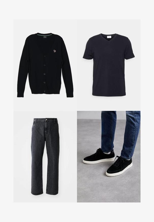 PS Paul Smith MENS CARDIGAN BUTTON THRU - Strickjacke - black; Schwarzes V-Ausschnitt-T-Shirt aus Baumwolle, mit kurzen Ärmeln und lockerer Passform. Einfaches Design, keine Muster oder zusätzlichen Akzente.; Schwarze Denim-Jeans mit geradem Schnitt, ausgestattet mit einem Knopfverschluss, fünf Taschen und subtiler Textur. Klassisches Design ohne auffällige Muster.; Schwarze Wildledersneaker mit einer weißen Gummisohle, die ein klassisches Low-Top-Design, eine abgerundete Spitze und flache schwarze Schnürsenkel aufweisen.