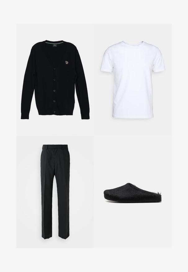 PS Paul Smith MENS CARDIGAN BUTTON THRU - Cardigan - black; Hvid kortærmet t-shirt i bomuldsstof med rund halsudskæring. Enkel design uden mønstre eller detaljer. Glat tekstur.; Sorte bukser med lige ben-design, lavet af glat stof. Har en flad talje og ingen synlige mønstre eller udsmykninger.; Marni Slip-on sandaler - black