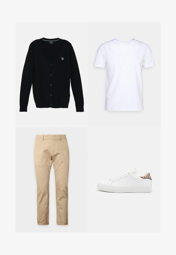 PS Paul Smith MENS CARDIGAN BUTTON THRU - Cardigan - black; Hvid kortærmet t-shirt i bomuldsstof med rund halsudskæring. Enkel design uden mønstre eller detaljer. Glat tekstur.; Beige bukser med lige ben, bæltestropper, lynlås foran og opsmøgede kanter på en ensartet lys baggrund.; Hvide lædersneakers med en glat overflade, prydet med en farverig stribet detalje på hælen, guldøje og flad hvid sål.