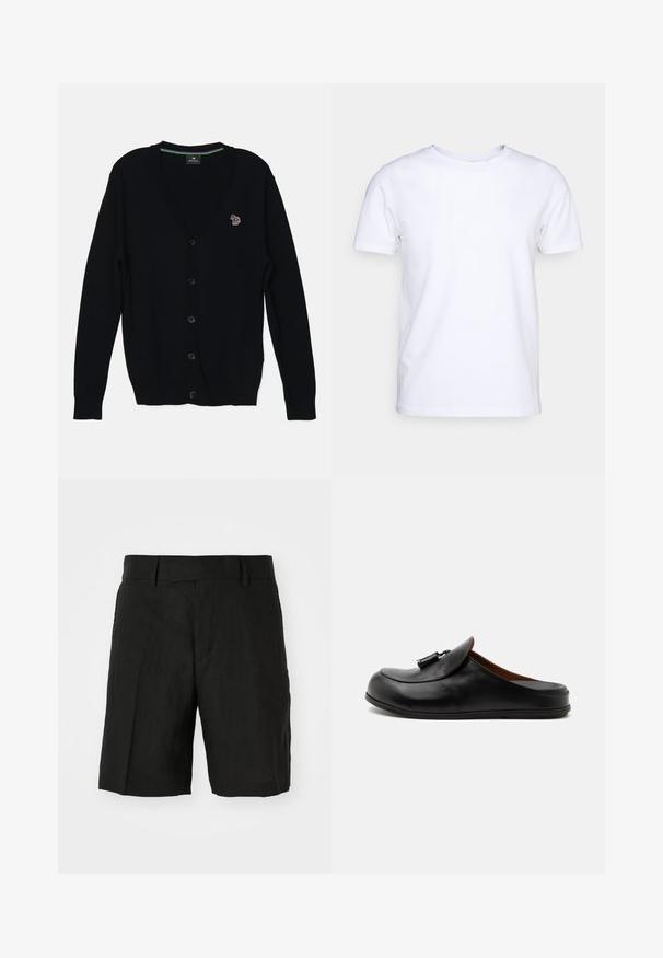 PS Paul Smith MENS CARDIGAN BUTTON THRU - Vest - black; Witte katoenen t-shirt met korte mouwen en een ronde hals. Eenvoudig ontwerp zonder patronen of accenten. Glad textuur.; Zwarte linnen shorts met een ontspannen pasvorm, voorzien van een vlakke voorkant, zijzakken en een middenlengte snit. Lichtgewicht textuur zichtbaar.; Zwarte leren backless loafer met kwastjes aan de bovenkant, zijaanzicht op een lichte effen achtergrond.