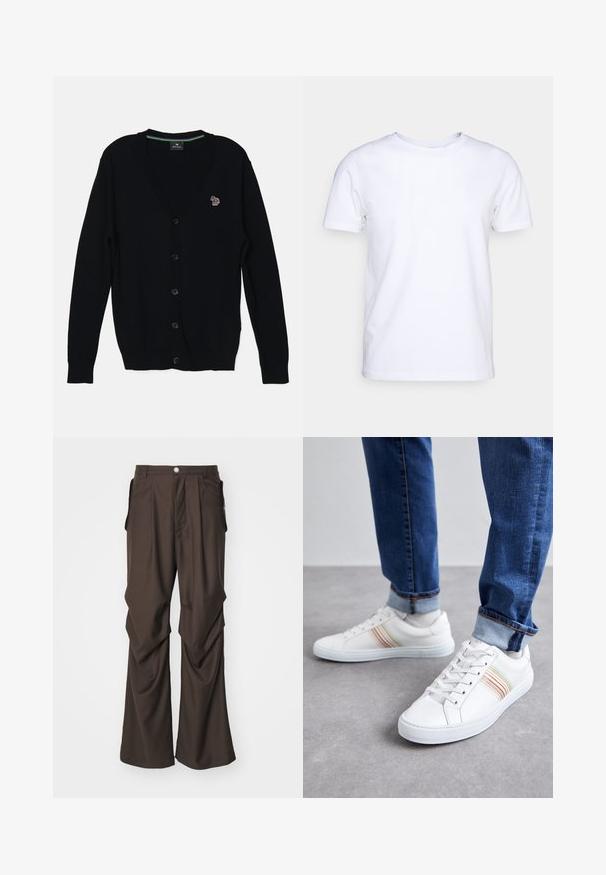 PS Paul Smith MENS CARDIGAN BUTTON THRU - Cardigan - black; Hvid kortærmet t-shirt i bomuldsstof med rund halsudskæring. Enkel design uden mønstre eller detaljer. Glat tekstur.; Brune skræddersyede bukser med bred ben-design, der har sidelommer og lukning med frontknap. Glat stof med diskrete plisseringer.; Hvide lædersneakers med multicolore striber, snørebåndsdesign, gummisål og polstret krave, parret med blå denimjeans.