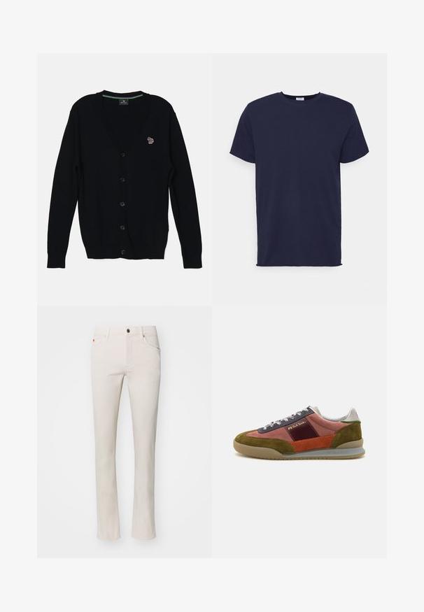 PS Paul Smith MENS CARDIGAN BUTTON THRU - Cardigan - black; Marineblå kortærmet t-shirt lavet af blødt stof. Har rund halsudskæring og en lige pasform uden mønstre eller accenter.; Beige lige ben jeans lavet af en blanding af bomuldsstof. Har traditionelt fem-lomme design og metal knaplukning ved taljen.; PS Paul Smith DOVER - Sneakers - pink