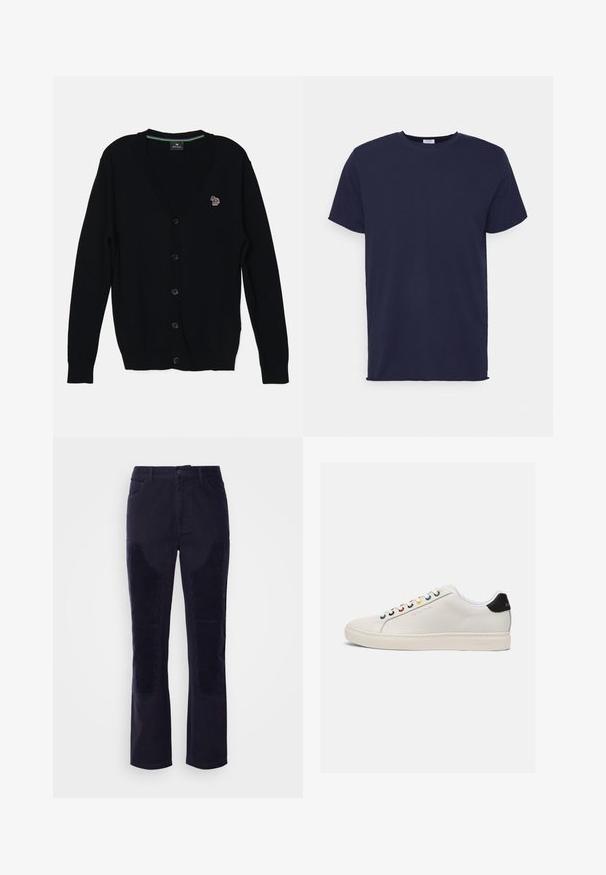 PS Paul Smith MENS CARDIGAN BUTTON THRU - Cardigan - black; Marineblå kortærmet t-shirt lavet af blødt stof. Har rund halsudskæring og en lige pasform uden mønstre eller accenter.; Mørkeblå kordfløjsbukser med glat stof, lige ben og horisontalt ribbede lapper på forlommerne for ekstra tekstur.; Hvide lædersneakers med en let afrundet tå, flad sål, multikolorede snørehuller, sort hælflap og præget logo på siden.