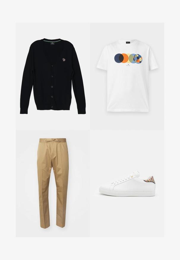 PS Paul Smith MENS CARDIGAN BUTTON THRU - Cardigan - black; Hvid t-shirt med korte ærmer med grafik af fem overlappende farvede cirkler, hvor den sidste ligner en multifarvet fodbold, og lille tekst nedenunder.; Beige bukser med elastisk talje og justerbar snøre. Glat tekstur, lige ben og minimalistisk design.; Hvide lædersneakers med en glat overflade, prydet med en farverig stribet detalje på hælen, guldøje og flad hvid sål.