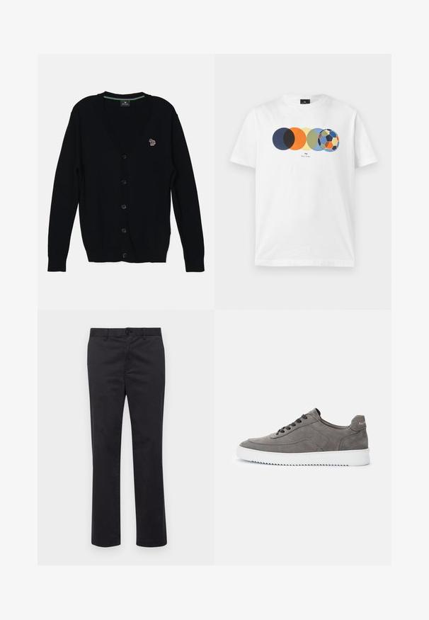 PS Paul Smith MENS CARDIGAN BUTTON THRU - Cardigan - black; Hvid t-shirt med korte ærmer med grafik af fem overlappende farvede cirkler, hvor den sidste ligner en multifarvet fodbold, og lille tekst nedenunder.; Sorte bomuldsbukser med lige ben-design, der har en knaplukning og bæltestropper. Glat tekstur, ingen synlige mønstre eller accenter.; Grå lavtops ruskindssneaker med sorte snørebånd og hvid gummisål, sidevisning, der viser mærkenavnet på hælflappen.