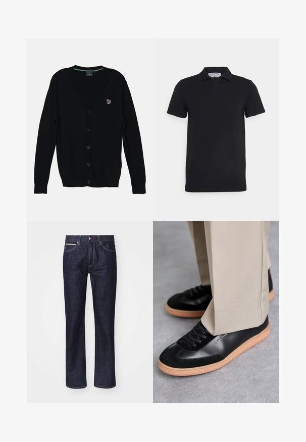 PS Paul Smith MENS CARDIGAN BUTTON THRU - Vest - black; Zwart polosjaal met korte mouwen en een klassieke kraag, gemaakt van gladde stof. Heeft een label met de merknaam 'Filippa K' op de hals.; Donkerblauwe denim jeans met een rechte snit, subtiele contrasterende stiksels, vijf zakken en een knoopsluiting bij de taille.; Paul Smith COMO - Sneakers laag - black
