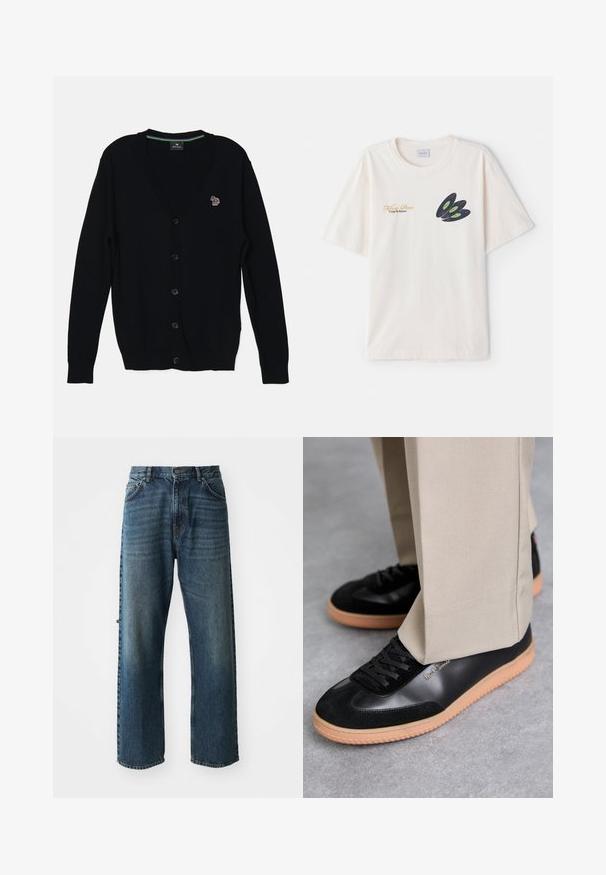 PS Paul Smith MENS CARDIGAN BUTTON THRU - Gilet - black; T-shirt en coton crème avec un graphique de disque vinyle noir aux accents verts et texte doré sur le devant. Manches courtes, col rond.; NN.07 OTIS - Jean droit - stonewashed; Paul Smith COMO - Baskets basses - black