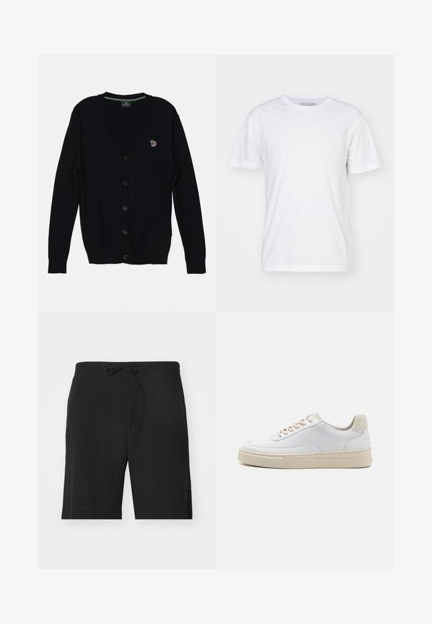 PS Paul Smith MENS CARDIGAN BUTTON THRU - Cardigan - black; Hvid bomulds t-shirt med rund halsudskæring, korte ærmer og lige snit. Ingen mønstre eller udsmykninger, glat tekstur og enkel design.; Sorte linnedbukser med snor i taljen, der har en afslappet pasform og et knælangt design. Glat tekstur, simple og klassiske stil.; Hvide sneakers med en glat læderoverdel, beige snørebånd og en tekstureret beige ruskindsheel-tab. Hævet sål for ekstra højde.