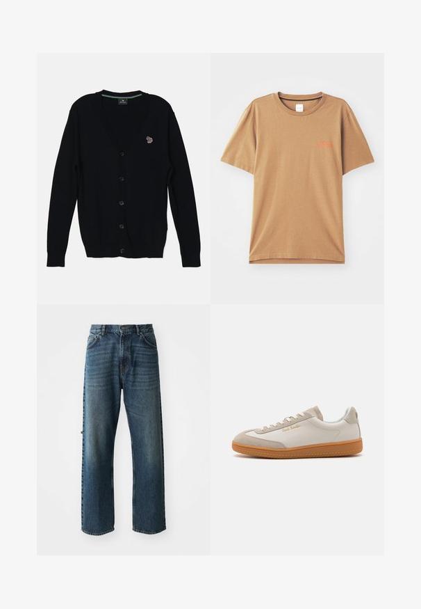 PS Paul Smith MENS CARDIGAN BUTTON THRU - Vest - black; Bruine T-shirt met korte mouwen van katoen, met een ronde halslijn, voorzien van kleine oranje tekst op de borst en een ontspannen pasvorm.; NN.07 OTIS - Straight leg jeans - stonewashed; Witte en beige lage sneakers met een gumrubberen zool, witte veters, suède details en een gouden "Paul Smith" logo aan de zijkant.