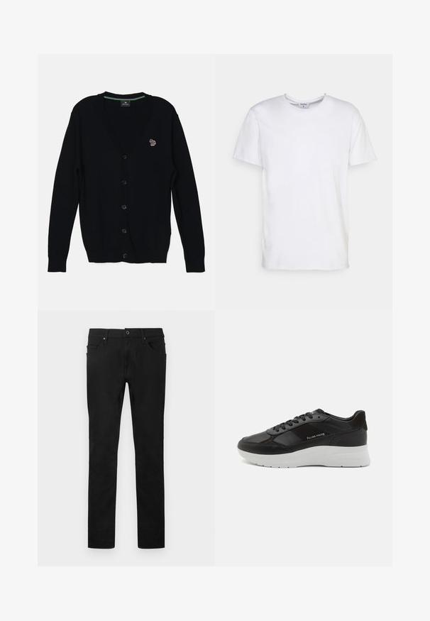 PS Paul Smith MENS CARDIGAN BUTTON THRU - Strickjacke - black; Weißes T-Shirt mit kurzen Ärmeln aus Baumwolle. Es hat einen runden Halsausschnitt und eine lockere Passform ohne sichtbare Muster oder Akzente.; Schwarze Hose mit geradem Bein, Frontknopf und Reißverschluss, Gürtelschlaufen und Fünf-Taschen-Design vor weißem Hintergrund.; Schwarze Ledersneaker mit Wildlederdetails, runde Zehenform, weiße Gummisohle und gestickte Verzierungen. Logo seitlich aufgedruckt. Klassisches Schnürdesign.
