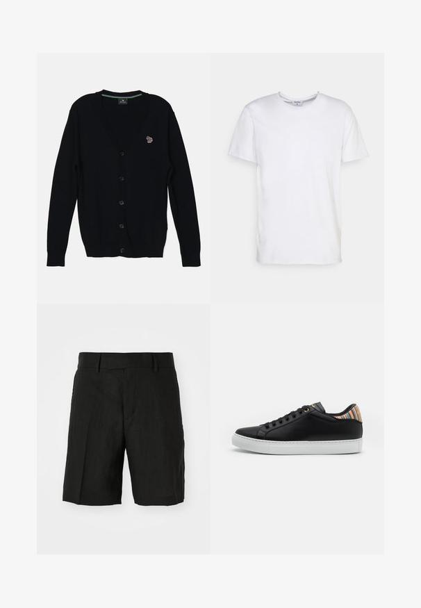 PS Paul Smith MENS CARDIGAN BUTTON THRU - Strickjacke - black; Weißes T-Shirt mit kurzen Ärmeln aus Baumwolle. Es hat einen runden Halsausschnitt und eine lockere Passform ohne sichtbare Muster oder Akzente.; Schwarze Leinen Shorts mit lässiger Passform, mit flachem Bund, seitlichen Taschen und mittellanger Schnittführung. Gut sichtbare, leichte Textur.; Schwarze Leder-Sneaker mit einer weißen Gummisohle, versehen mit einem gestreiften, mehrfarbigen Akzent an der Ferse und einem schwarzen Schnürverschluss mit goldenen Ösen.