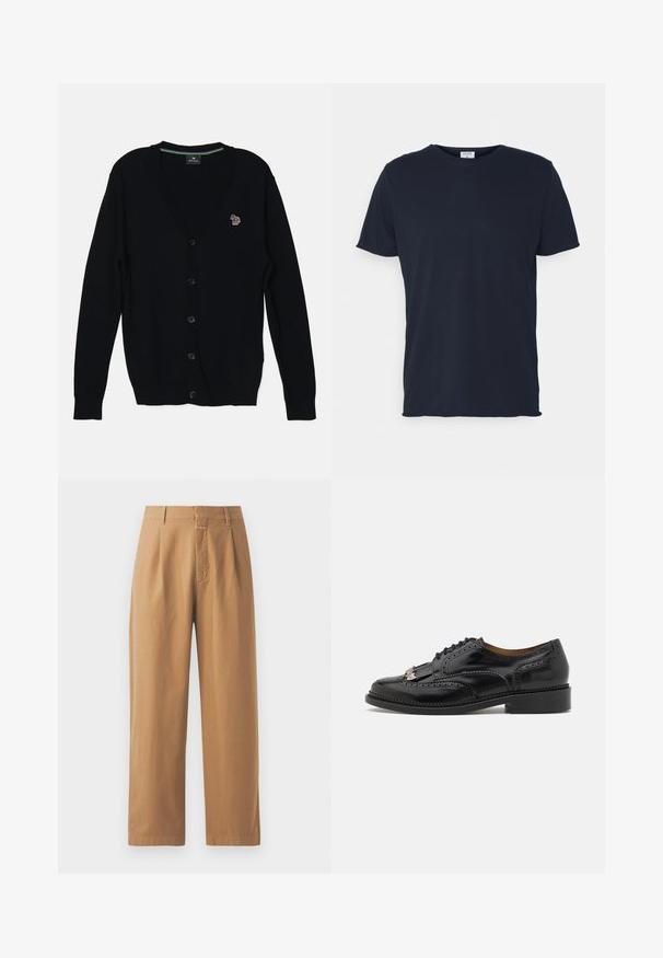 PS Paul Smith MENS CARDIGAN BUTTON THRU - Neuletakki - black; Navy sininen puuvillatee-paita, jossa on pyöreä kaula-aukko ja lyhyet hihat, sileä pinta ja yksinkertainen muotoilu, ei näkyviä kuvioita tai yksityiskohtia.; Ruskeat, leveät housut, jotka on valmistettu sileästä kankaasta. Ominaisuuksia ovat korkea vyötärö, laskokset, vyölenkit ja yksi etutasku.; Musta nahkainen oxford-kenkä, jossa on brogue-tyylinen yksityiskohta, nauhakiinnitys, kiillotettu pinta ja matala korko. Sisältää koristeellisen tupsuyksityiskohdan.
