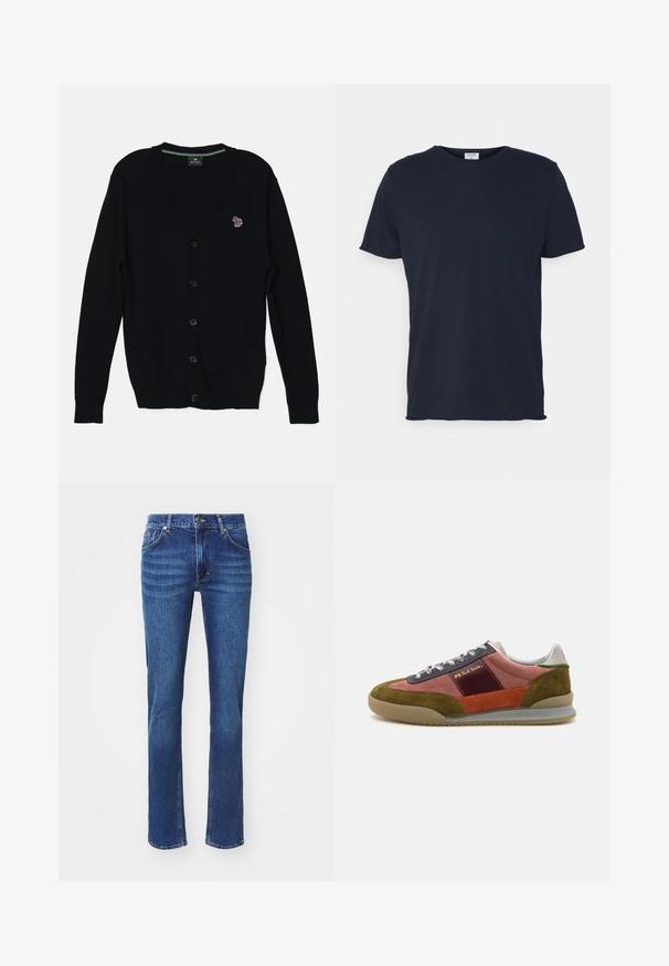 PS Paul Smith MENS CARDIGAN BUTTON THRU - Cardigan - black; Marineblå bomulds t-shirt med rund hals og korte ærmer, med en glat tekstur og enkel design, uden synlige mønstre eller accenter.; Mørkeblå denim jeans med lige ben-design, prydet med subtil slid, fem lommer og knaplukning. Neutrale syninger som accent.; PS Paul Smith DOVER - Sneakers - pink