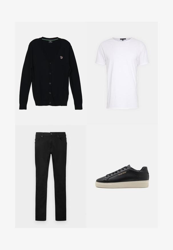 PS Paul Smith MENS CARDIGAN BUTTON THRU - Cardigan - black; Hvit bomulls t-skjorte med rund hals, korte ermer og rett snitt. Har en enkel, glatt tekstur og ingen ekstra mønstre.; Svarte bukser med rette ben, frontknapp og glidelås, beltehemper og femlommers design mot hvit bakgrunn.; Svart lær sneaker med jevn finish, kontrasterende kremfarget såle, rund tå, gulllogo på siden og seks hull for lisser.