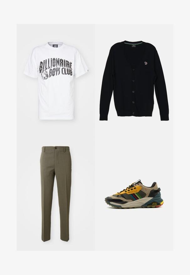 PS Paul Smith MENS CARDIGAN BUTTON THRU - Vest - black; Witte katoenen t-shirt met de tekst "Billionaire Boys Club" in grote zwarte letters, met een astronautenafbeelding aan de linkerkant. Korte mouwen.; Olijfgroene op maat gemaakte broeken met een gladde textuur, recht pijpdesign, enkele frontknop en zijzakken voor functionaliteit.; Multikleurige sneakers met een mix van suède en mesh materialen, in een geel en zwart kleurenschema, met textuurzolen en zijaccenten.