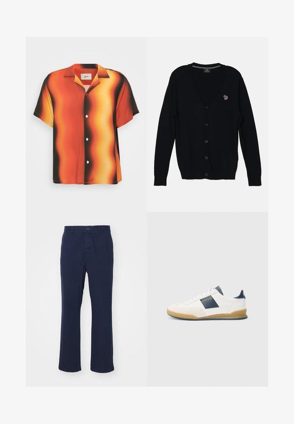 PS Paul Smith MENS CARDIGAN BUTTON THRU - Strickjacke - black; Kurzärmliges Hemd mit Knopfleiste in leuchtendem Orange und Schwarz mit wellenförmigem Muster. Hergestellt aus glattem Stoff, mit weißen Knöpfen und einem Kragen.; Marineblaue Baumwollhose mit geradem Beinschnitt, ausgestattet mit einem vorderen Knopfverschluss und Seitentaschen. Glatte Textur mit minimalen Details.; Weiße Sneakers mit marineblauen Akzenten, aus Wildleder und Leder, runde Spitze und Gummisohle. Mit Logo an der Seite und Rückseite.