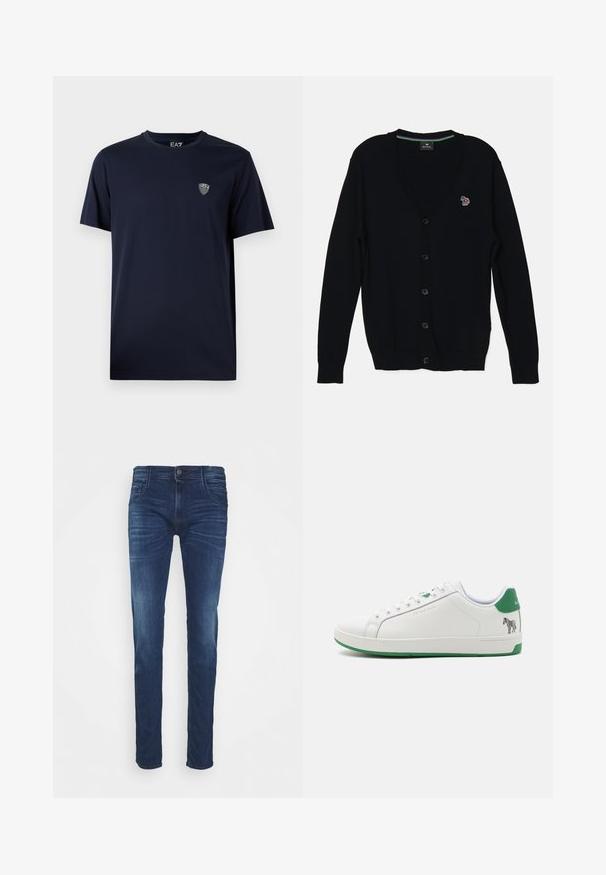 PS Paul Smith MENS CARDIGAN BUTTON THRU - Chaqueta de punto - black; Camiseta de algodón azul marino con cuello redondo, mangas cortas y un pequeño logo de EA7 en el pecho, textura suave, diseño casual.; Jeans de mezclilla azul oscuro con un corte ajustado, diseño de cinco bolsillos, acentos desgastados y un cierre de botón en la cintura.; Zapatilla de piel blanca con acentos verdes y un gráfico de cebra en el talón. Presenta cordones planos y una suela de goma con textura ligera.