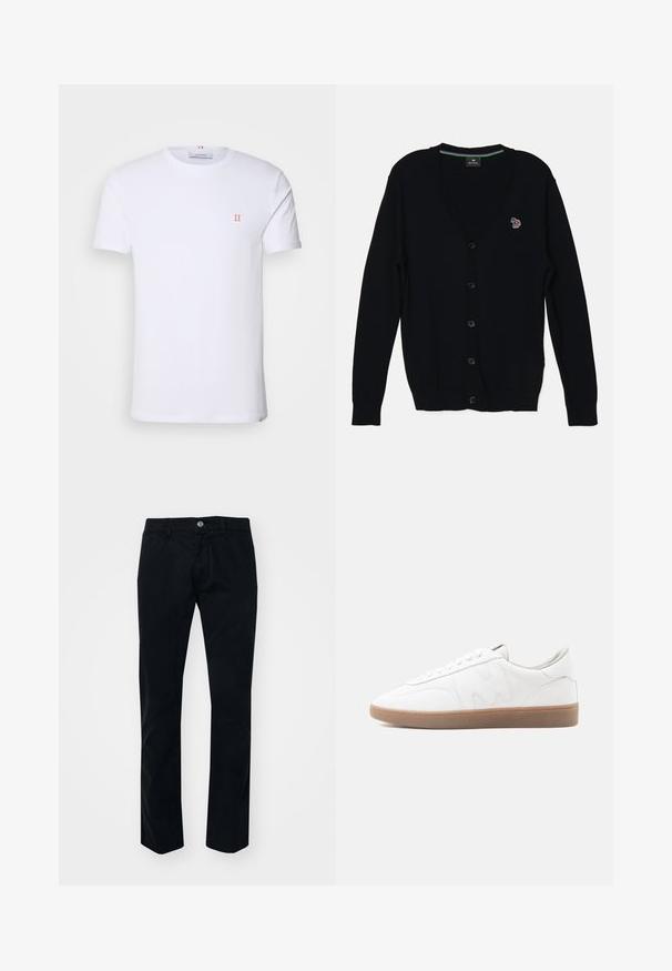 PS Paul Smith MENS CARDIGAN BUTTON THRU - Vest - black; Witte katoenen t-shirt met korte mouwen, met een klein oranje "II" logo op de linkerborst en een ronde halslijn. Eenvoudig ontwerp en textuur.; Zwarte rechte broek van katoen. Bevat een bevestiging met een knoop aan de voorkant, riemlussen en een gladde, matte textuur. Geen zichtbare patronen.; Witte lage sneaker met een zool van geschuurd rubber, gestikte overlays en een vetersluiting op een neutrale achtergrond.