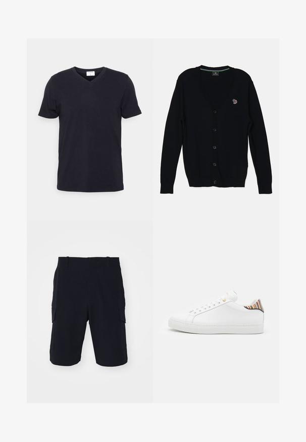 PS Paul Smith MENS CARDIGAN BUTTON THRU - Cardigan - black; Sort v-hals t-shirt lavet af bomuld, med korte ærmer og en afslappet pasform. Enkel design, uden mønstre eller yderligere accenter.; rag & bone CADE - Shorts - black; Hvide lædersneakers med en glat overflade, prydet med en farverig stribet detalje på hælen, guldøje og flad hvid sål.