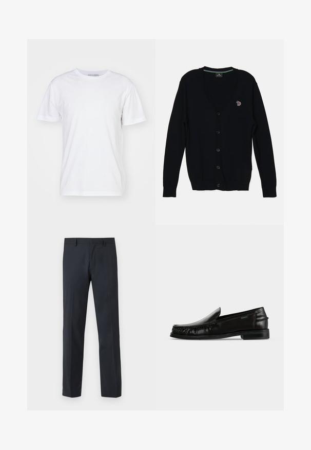 PS Paul Smith MENS CARDIGAN BUTTON THRU - Cardigan - black; Hvid bomulds t-shirt med rund halsudskæring, korte ærmer og lige snit. Ingen mønstre eller udsmykninger, glat tekstur og enkel design.; Sorte, lige dressbukser med bæltestropper og lynlås foran, vist på en ensfarvet baggrund.; Sort læder slip-on loafer med flettet detalje langs siderne og en lav hæl på en hvid baggrund.