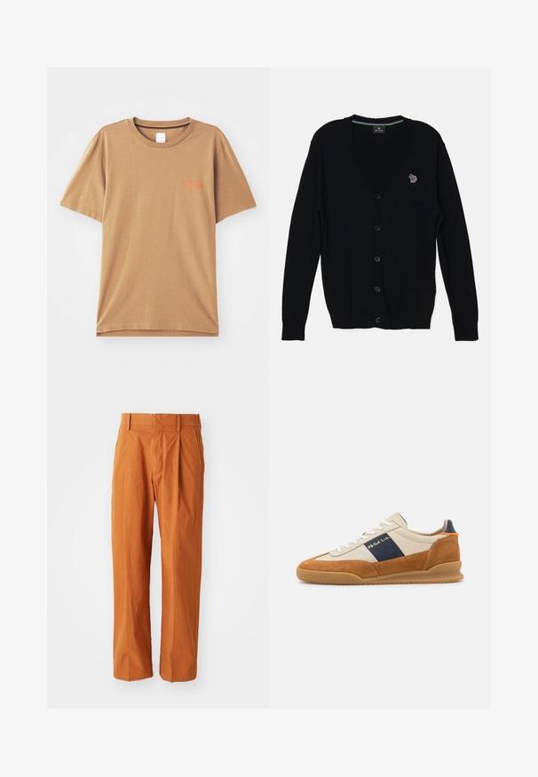 PS Paul Smith MENS CARDIGAN BUTTON THRU - Neuletakki - black; Ruset lyhythihainen t-paita, joka on valmistettu puuvillasta, pyöreällä kaula-aukolla, jossa on pieniä oransseja tekstejä rinnassa ja rento istuvuus.; Oranssit puuvillahousut suoralla leikkauksella, joissa on etupleikkeet, vyölenkit ja sileä pinta. Klassinen muotoilu ilman kuvioita.; PS Paul Smith DOVER - Matalavartiset tennarit - cognac/off-white