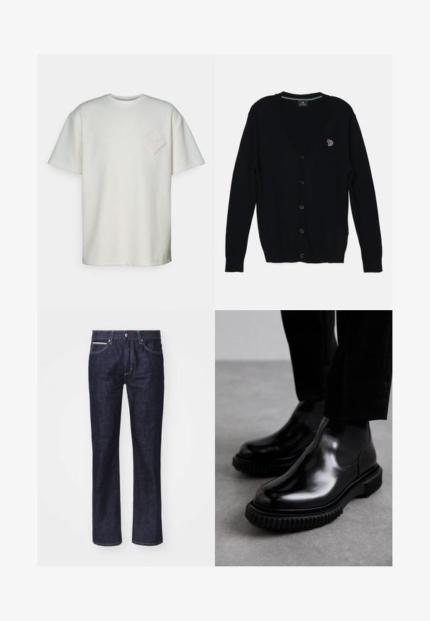 PS Paul Smith MENS CARDIGAN BUTTON THRU - Gilet - black; T-shirt à manches courtes en coton blanc cassé, avec un patch en diamant texturé et un design en relief sur la poitrine gauche.; Jeans en denim bleu foncé avec une coupe droite, des coutures contrastantes discrètes, cinq poches et un bouton de fermeture à la taille.; Bottes Chelsea en cuir noir avec une finition lisse, panneaux latéraux élastiques et une épaisse semelle en caoutchouc texturé présentant un motif de bande de roulement robuste.