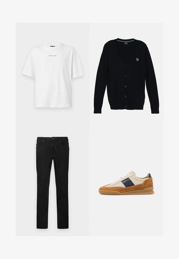 PS Paul Smith MENS CARDIGAN BUTTON THRU - Vest - black; Wit T-shirt met korte mouwen en ronde hals, met kleine rode "MICHAEL KORS" tekst gecentreerd op de borst.; Zwarte rechte broek met knopen en rits aan de voorkant, riemlussen en een ontwerp met vijf zakken op een witte achtergrond.; PS Paul Smith DOVER - Sneakers laag - cognac/off-white