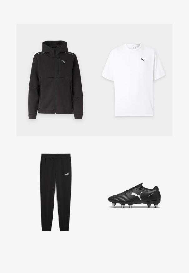 Čierna bunda s kapucňou na plný zips, s vreckom na zips na hrudi, bočnými vreckami na zips, reflexnými pásikmi na pleciach a bielym logom Puma na hrudi.; Biele tričko s krátkym rukávom a okrúhlym výstrihom s malým čiernym logom Puma na ľavej strane hrudníka na svetlom pozadí.; Čierne tepláky vyrobené z mäkkého materiálu, s elastickým pásom, bočnými vreckami a bielym logom Puma na ľavej strane.; Čierne futbalové kopačky s textúrovaným materiálom, biele logo Puma, šnurovací systém a kovové kolíky pre trakciu. Dizajn zdôrazňuje výkon a podporu.