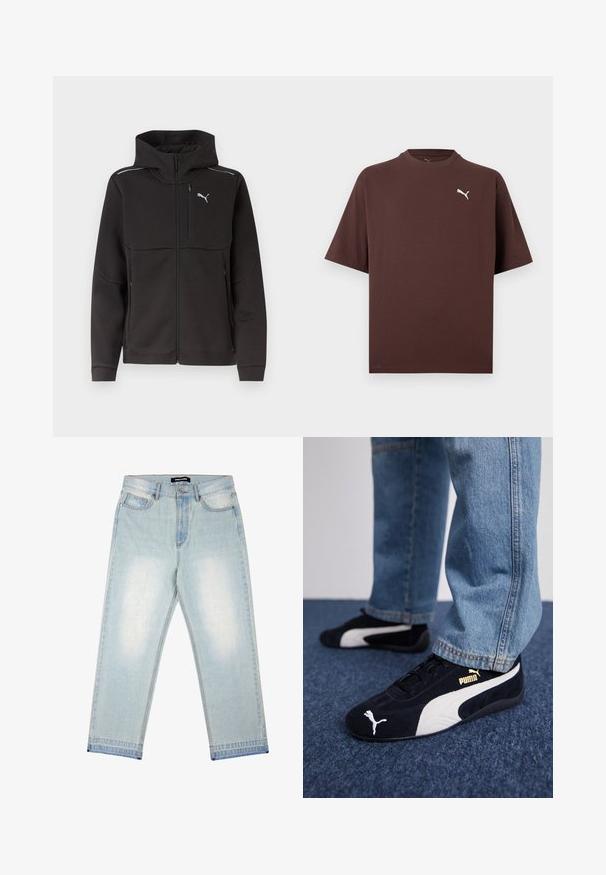 Chaqueta negra con capucha y cremallera completa, con bolsillo con cremallera en el pecho, bolsillos laterales con cremallera, franjas reflectantes en los hombros y logotipo blanco de Puma en el pecho.; Camiseta marrón de manga corta con cuello redondo y pequeño logotipo blanco de Puma en el lado izquierdo del pecho sobre un fondo blanco.; Pegador BARROW - Vaqueros holgados - sand washed blue; Zapatillas de ante negras con acentos blancos, que presentan un logo dorado. Combinadas con unos jeans de mezclilla azul claro y colocadas sobre una superficie texturizada azul.