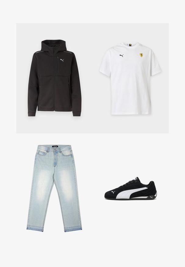 Zwarte hooded jas met volledige rits, borstzak met rits, zijritszakken, reflecterende strepen op de schouders en wit Puma-logo op de borst.; Wit Puma T-shirt met korte mouwen met een klein zwart Puma-logo op de linkerborst en een geel Ferrari-wapen op de rechterborst.; Pegador BARROW - Wijde jeans - sand washed blue; Zwarte suède sportschoenen met een witte zijstreep, witte merkaccenten, een platte zwarte zool en zwarte veters.