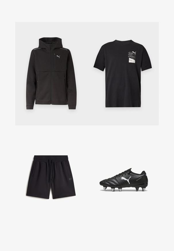 Veste noire à capuche avec fermeture éclair intégrale, poche poitrine zippée, poches latérales zippées, bandes réfléchissantes sur les épaules et logo Puma blanc sur la poitrine.; T-shirt noir à manches courtes avec un petit graphique blanc et le texte "Therapy Session in Progress" sur la partie supérieure gauche de la poitrine.; Shorts de sport noirs en tissu mélange de coton. Avec une taille élastique à cordon, des poches latérales et un petit patch logo.; Bottes de football noires avec un matériau texturé, logo Puma blanc, fermeture à lacets et crampons en métal pour l'adhérence. Le design met l'accent sur la performance et le soutien.