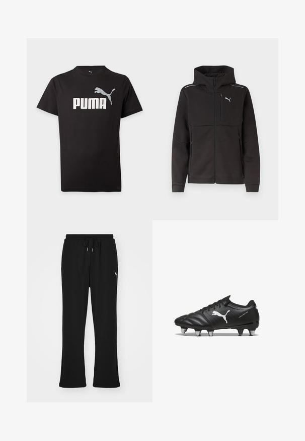 Veste noire à capuche avec fermeture éclair intégrale, poche poitrine zippée, poches latérales zippées, bandes réfléchissantes sur les épaules et logo Puma blanc sur la poitrine.; T-shirt noir à manches courtes Puma avec logo texte Puma blanc et graphisme d'un puma sautant au centre avant.; Pantalons de survêtement noirs avec taille élastique et cordon de serrage, dotés de poches latérales et d'un logo discret sur la jambe gauche. Tissu doux, forme évasée.; Bottes de football noires avec un matériau texturé, logo Puma blanc, fermeture à lacets et crampons en métal pour l'adhérence. Le design met l'accent sur la performance et le soutien.