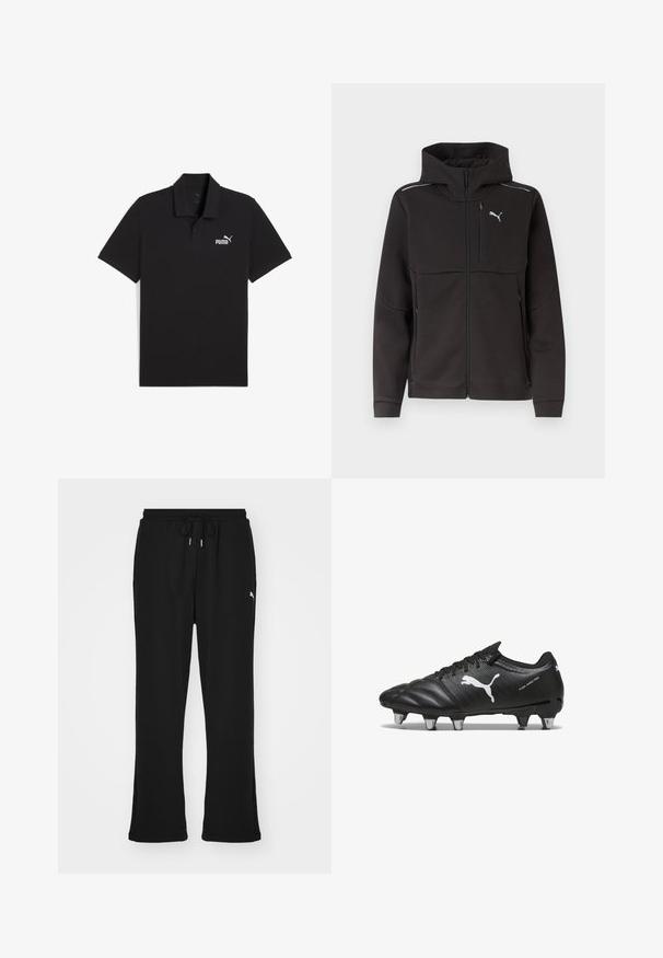 Must täissulguriga kapuutsiga jakk, millel on rindkere luku tasku, külgmised luku taskud, õlgadel helkurribad ning valgelt kujutatud Puma logo rinnal.; Must must valge polo särk, mis on valmistatud puuvillast, klassikalise kraega, lühikeste varrukatega ja mille vasakul rinnal on valge Puma logo. Sujuv tekstuur.; Mustad mustad püksid elastse vöökoha ja paeluugiga, küljetaskud ja peen logo vasakul jalal. Pehme kangas, laienev lõige.; Mustad mustad sinu jalgpalliklipid musta värvi tekstuuriga materjaliga, valge Puma logo, nööri kinnitusega ja metallist nupud, et tagada haardumine. Disain rõhutab jõudlust ja tuge.
