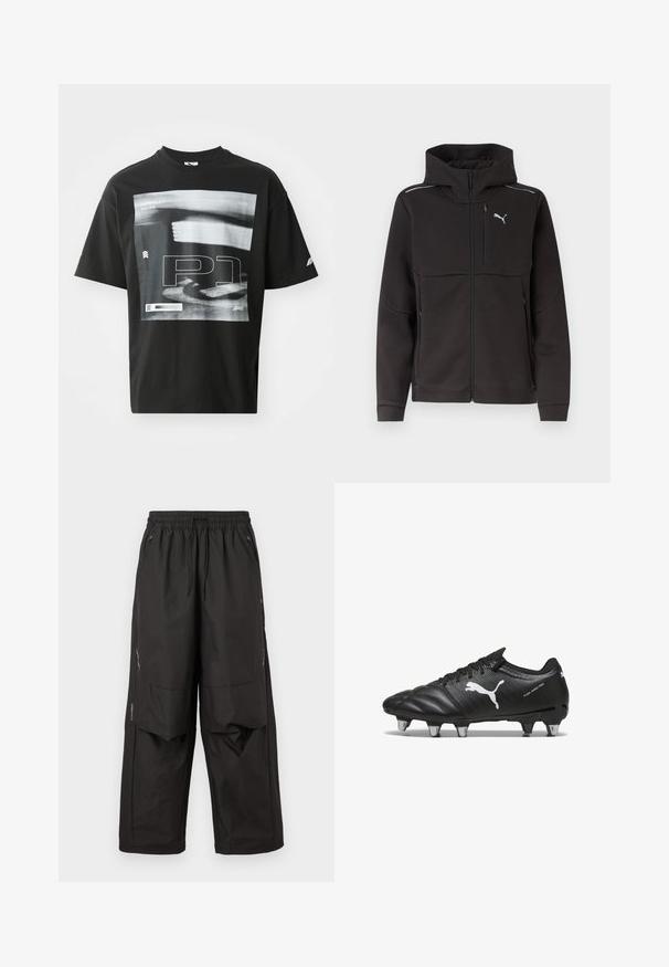 Chaqueta negra con capucha y cremallera completa, con bolsillo con cremallera en el pecho, bolsillos laterales con cremallera, franjas reflectantes en los hombros y logotipo blanco de Puma en el pecho.; Camiseta de algodón negra con un estampado gráfico que incluye elementos de texto, como "FORMULA 1 RACING" y "P1". Cuello redondo y mangas cortas.; Pantalones negros de corte holgado con cintura elástica, bolsillos frontales con cremallera, paneles en las rodillas y detalles reflectantes sutiles en los costados.; Botas de fútbol negras con material texturizado, logo blanco de Puma, sistema de cierre con cordones y tacos de metal para mejorar la tracción. El diseño enfatiza el rendimiento y el soporte.