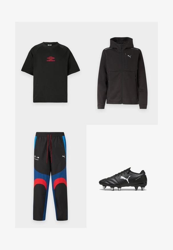 Zwarte hooded jas met volledige rits, borstzak met rits, zijritszakken, reflecterende strepen op de schouders en wit Puma-logo op de borst.; Zwarte t-shirt met korte mouwen en ronde hals met het rode Umbro-logo in het midden van de borst op een plain witte achtergrond.; Zwarte, blauwe en rode BMW Motorsport Puma trainingsbroek met elastische tailleband, rode trekkoorden en logo's op de bovenbenen.; Zwarte voetbalschoenen van gestructureerd materiaal, met een wit Puma-logo, vetersluiting en metalen noppen voor grip. Het ontwerp benadrukt prestaties en ondersteuning.