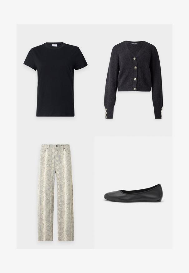 Cardigan noir en maille pelucheuse avec col en V, manches longues et boutons décoratifs dorés sur le devant et les poignets, présenté sur fond uni.; T-shirt noir à manches courtes en coton, avec un col rond et une texture simple et lisse, sans motif imprimé ni accents.; Pantalon taille haute, coupe droite, motif peau de serpent beige clair et gris, bouton devant, fermeture éclair et cinq poches.; Ballerines en cuir noir avec un bout rond, texture lisse, détails de couture minimalistes et design de semelle flexible.