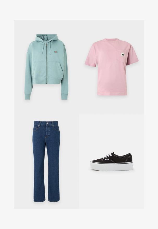 Sweat à capuche zippé bleu clair avec poches avant, capuche à cordon et petite écusson logo rectangulaire sur la poitrine.; T-shirt rose clair à manches courtes avec une poche poitrine gauche présentant un petit patch logo Carhartt.; Jean denim bleu à jambes droites avec cinq poches, passants pour ceinture, fermeture par bouton et détails de couture visibles.; Baskets en toile noires avec une semelle en caoutchouc blanc, dotées de lacets et de coutures blanches, marquage emblématique sur le côté, design basse.